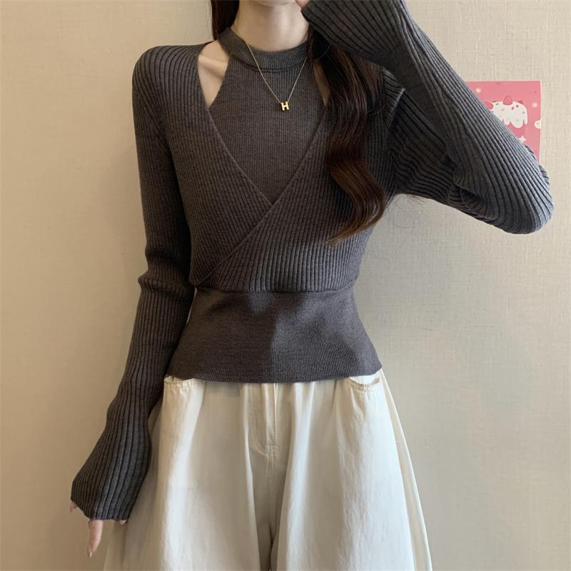 Fake Two Hanging Neck Knitted Bottom Shirt for For Women In Spring and Autumn Slim Look Chic Chic with Sweater Long-sleeved Blouse
