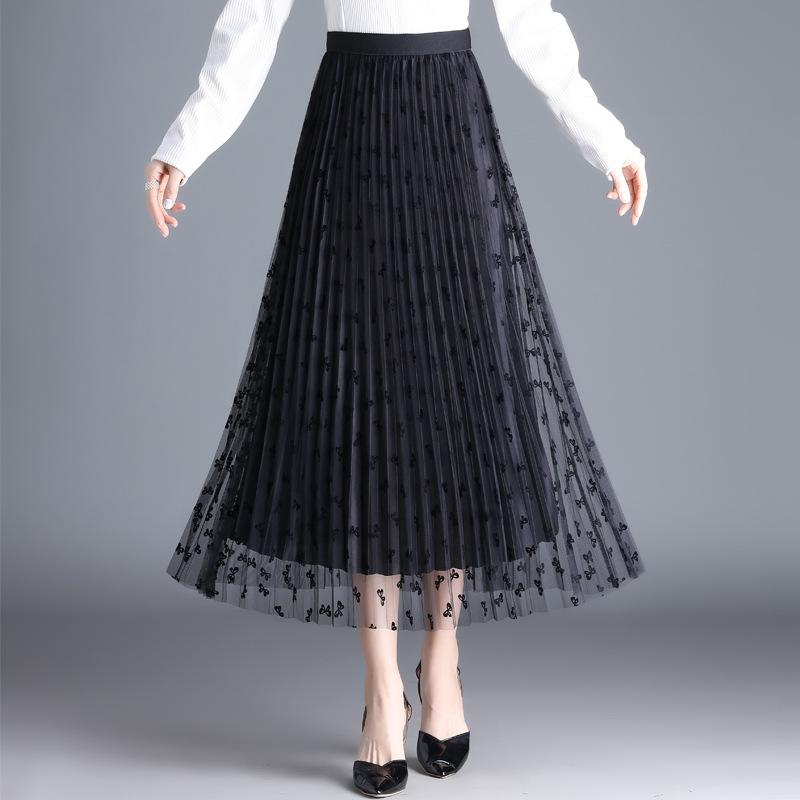 Spódnica z siateczki w kwiaty dla kobiet Wiosna Lato Koronka Flokowanie Duży rozkloszowany elastyczny wysoki stan Moda Elegancka spódnica w kształcie litery A Pół spódnica
