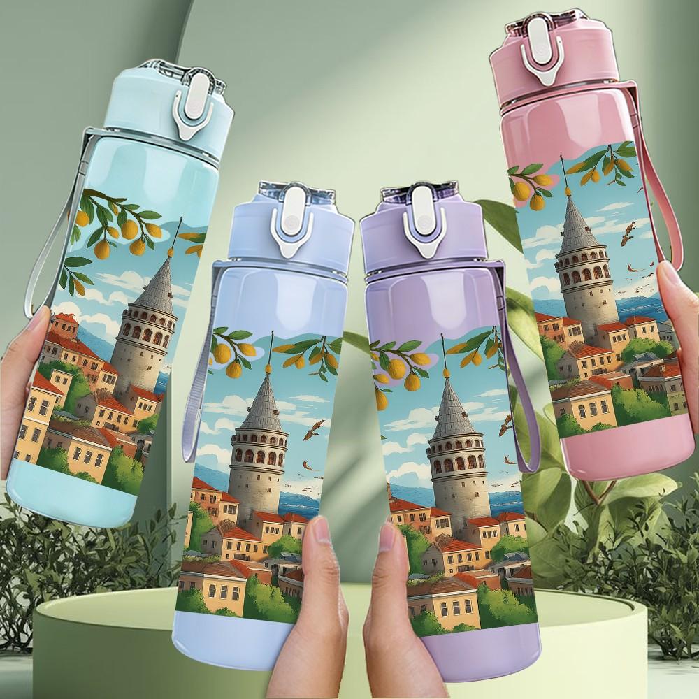 1PC Istanbul Mosque City Landscape Print 750ml Color Plastic Sports Water Bottle Leakproof Flip Straw Lid Suitable for Sports Office Home Use