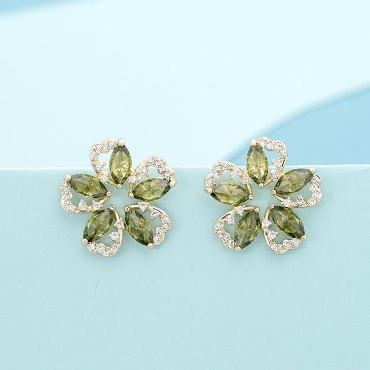 2025 Olive Green Hollow Flower Petal Earrings with Micro-set Zirconia