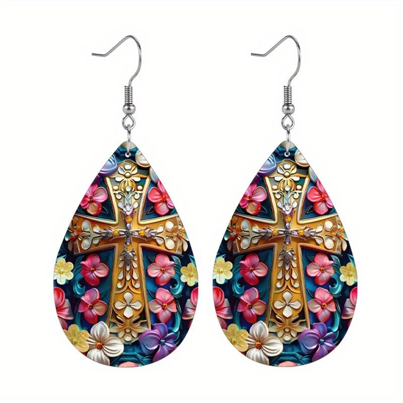 2 Pairs/Set Colorful Lily Flower Cross Pattern PU Leather Earrings Easter Earrings Women's Elegant Fashion Tears Earrings Holiday Party Gift