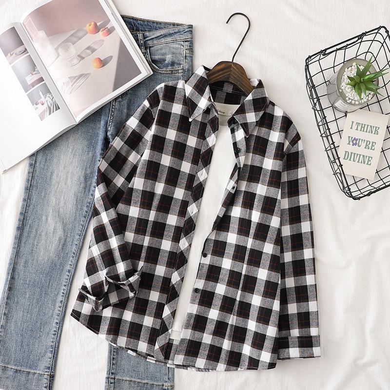 Autumn Women's Red Black Plaid Shirt Lady Fit Long Sleeve Cotton Casual Shirts & Tops Ladies Multicolor Checkered Clothes