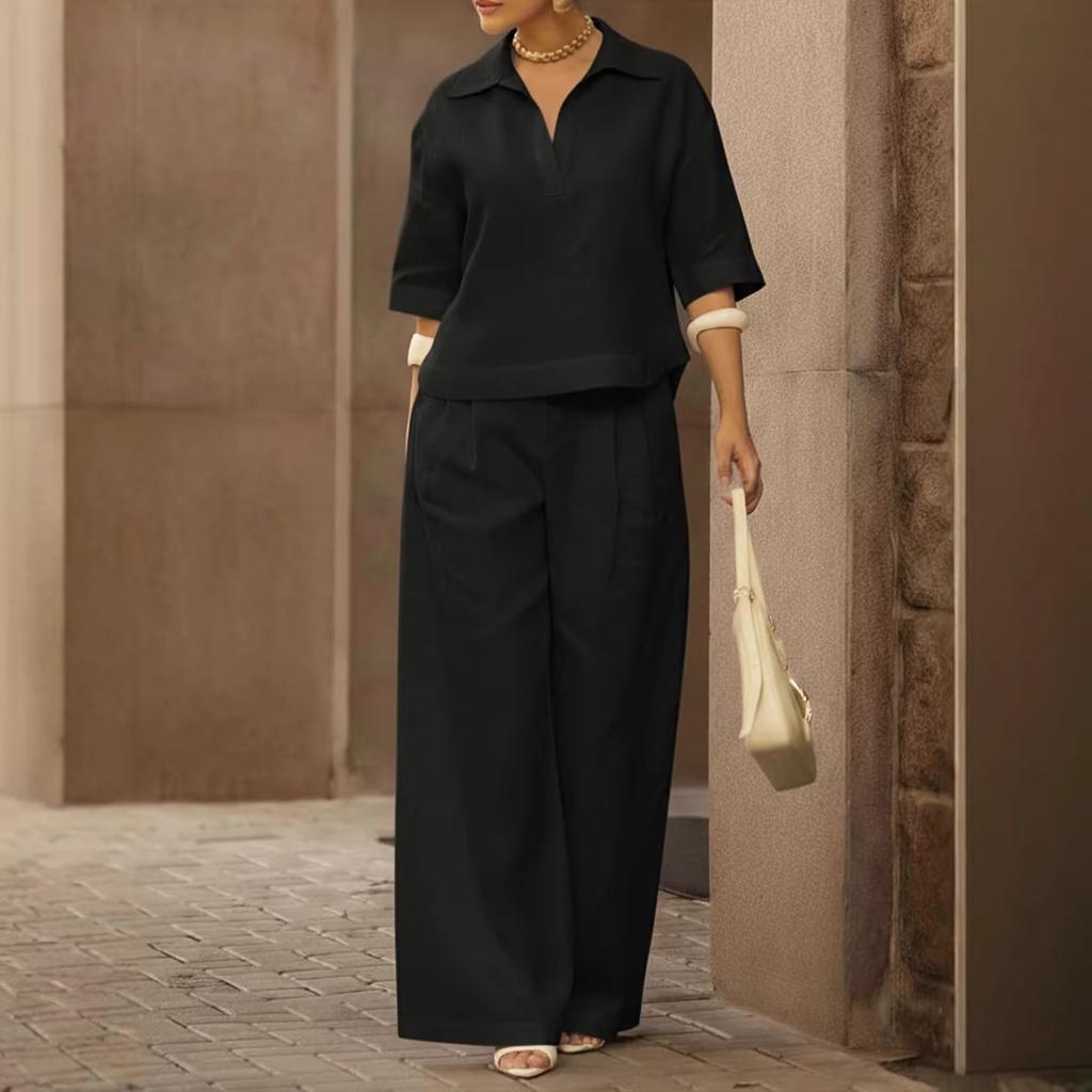 2026 European and American cross-border Amazon independent station spring and summer new solid color set, thin versatile wide-leg pants two-piece set