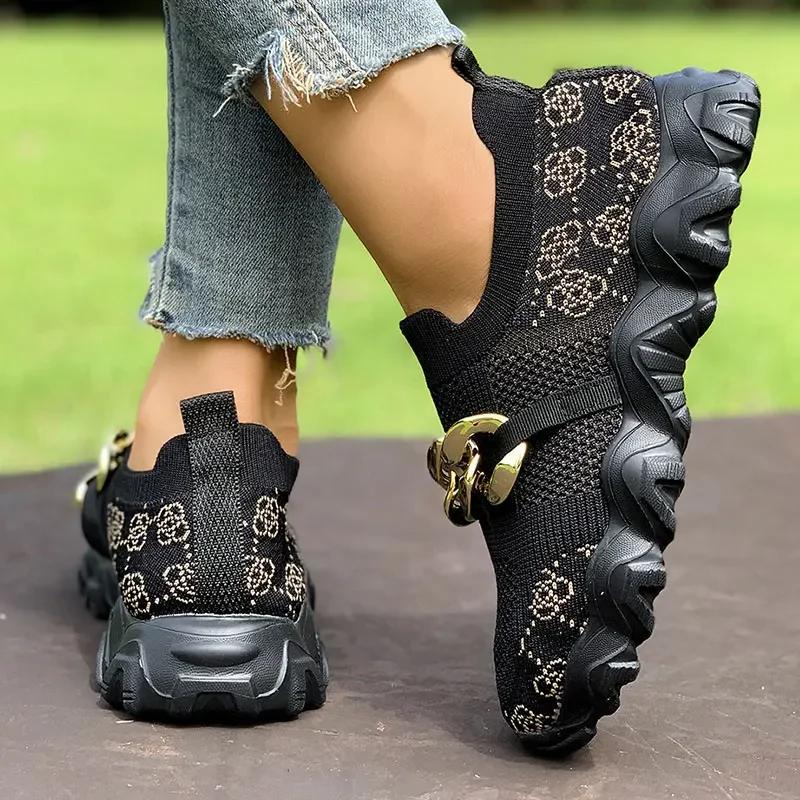 Fashion Metal Chain Decor Flat Vulcanize Shoes Women Print Mesh Hollow Out Thick Sole Sneakers Plus Size Comfort Breathable Sports Shoes