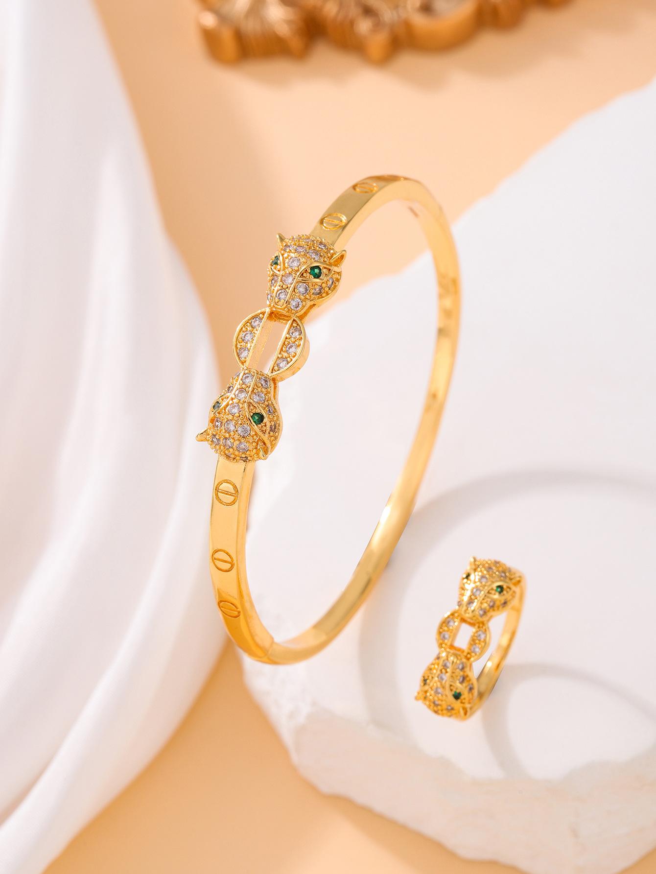 Double-headed leopard head symmetrical full zirconium diamond-encrusted gold-plated bracelet retro personalized design full of sense of jewelry