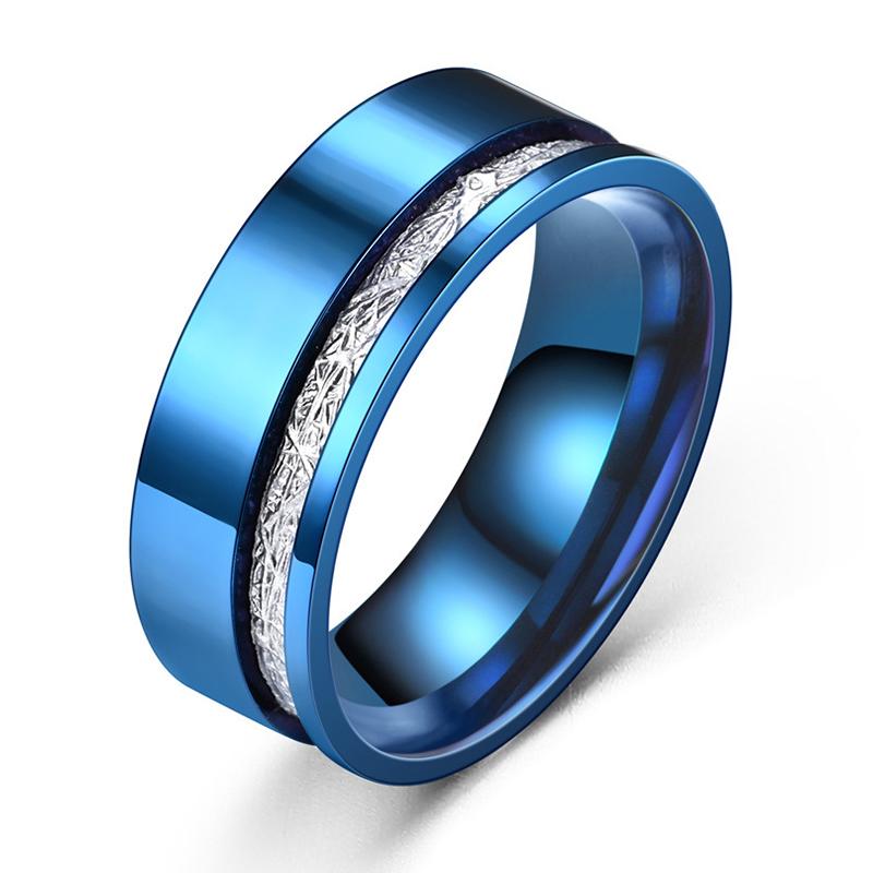 Fashion 8mm Men Blue Stainless Steel Wedding Ring Fashion Silver Color Meteorites Inlaid Steel Ring For Men Wedding Band