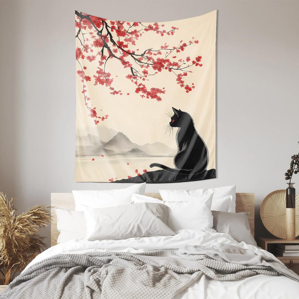 

Black Cat and Cherry Blossom Tapestry Oriental Art Wall Hanging Elegant Home Decor 74x94cm(29x37in)