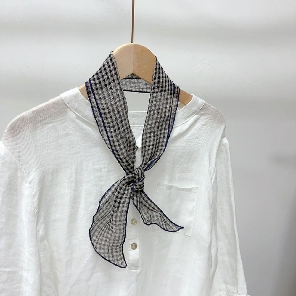 Summer Navy Blue Polka Dot Small Neck Tie Printing Linen Women's Long Scarf 10*103cm Striped Small Silk Scarf Neck Protection