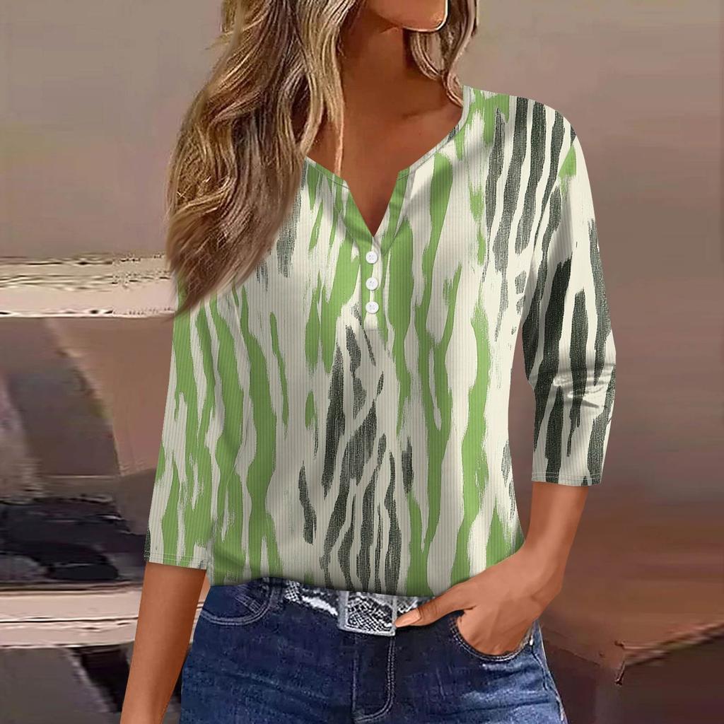 Damski T-shirt Koszulka Nadruk Guzik Rękaw 3/4 Tunika Codzienna Weekendowa Moda Podstawowy Dekolt V Regularny Top