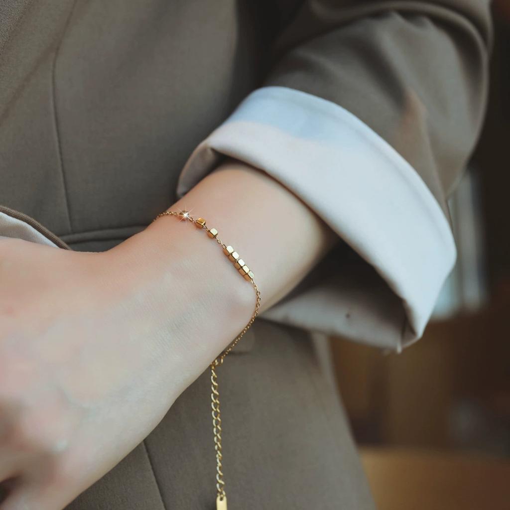 Fashion Gold Color Stainless Steel Geometric Square Beaded Lucky Bracelet for Women Charm Bangle Necklace Zircon Set