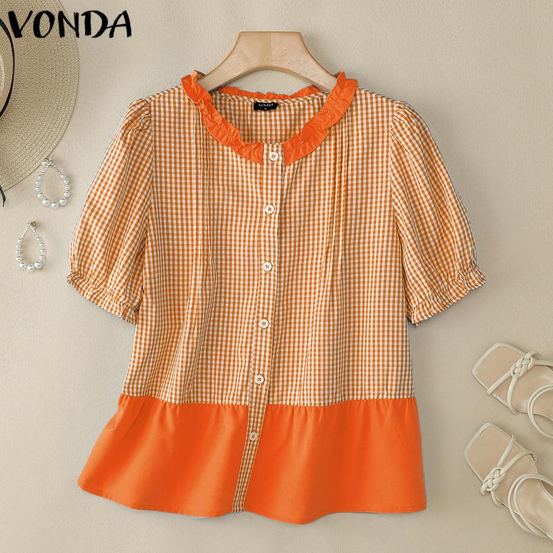 

VONDA Летняя женская блузка с пышными рукавами, пэчворк, в клетку, с нашивками 5XL оранжевый