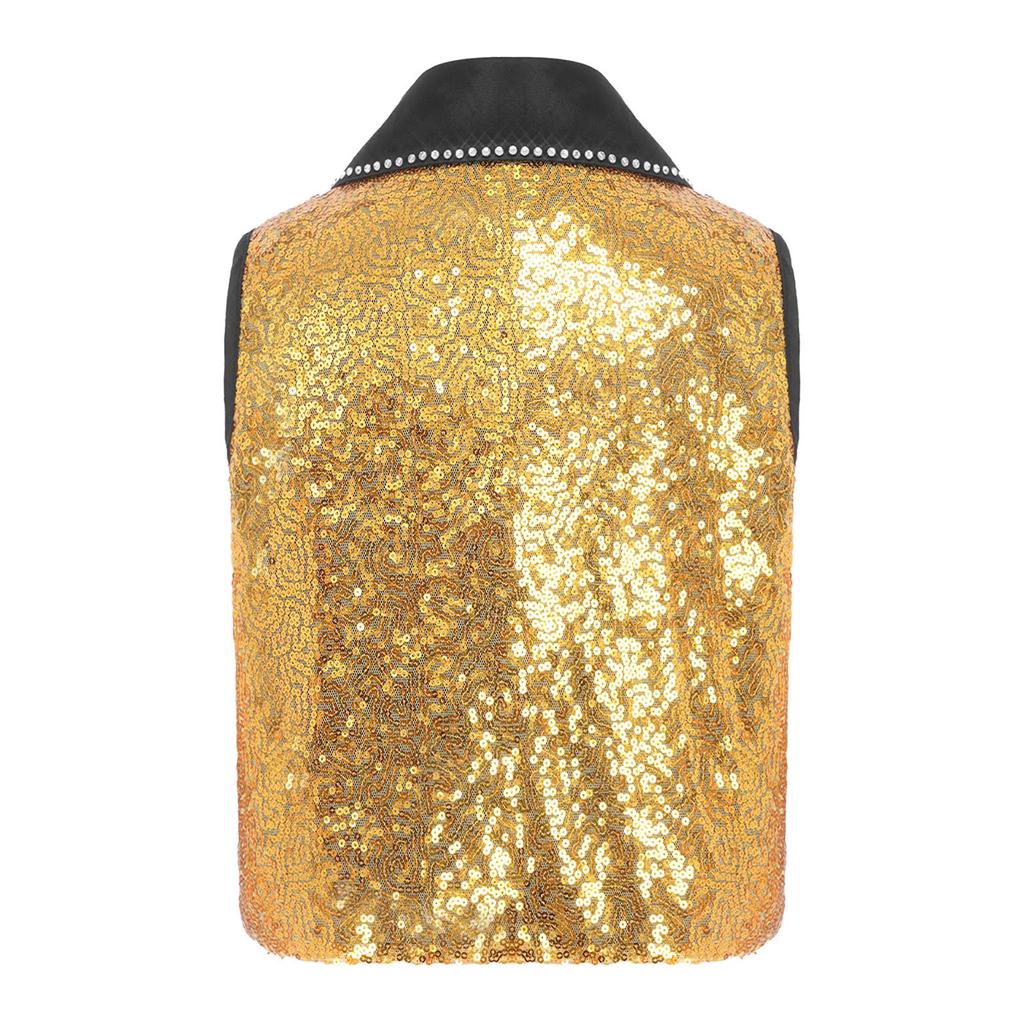 Boys Girls Sparkly Sequin Vest Contrast Lapel Collar Sleeveless Asymmetrical Waistcoat for Stage Performance Costume Tops