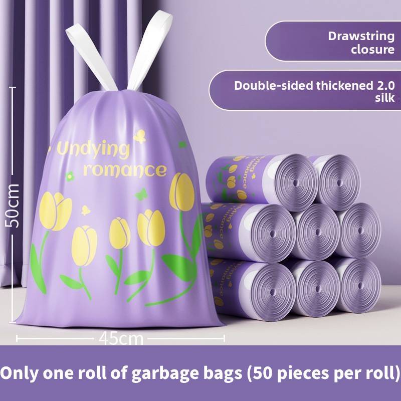 Thick Pe Reusable Trash Bag With Drawstring And Tulip Pattern For Home Waste Disposal