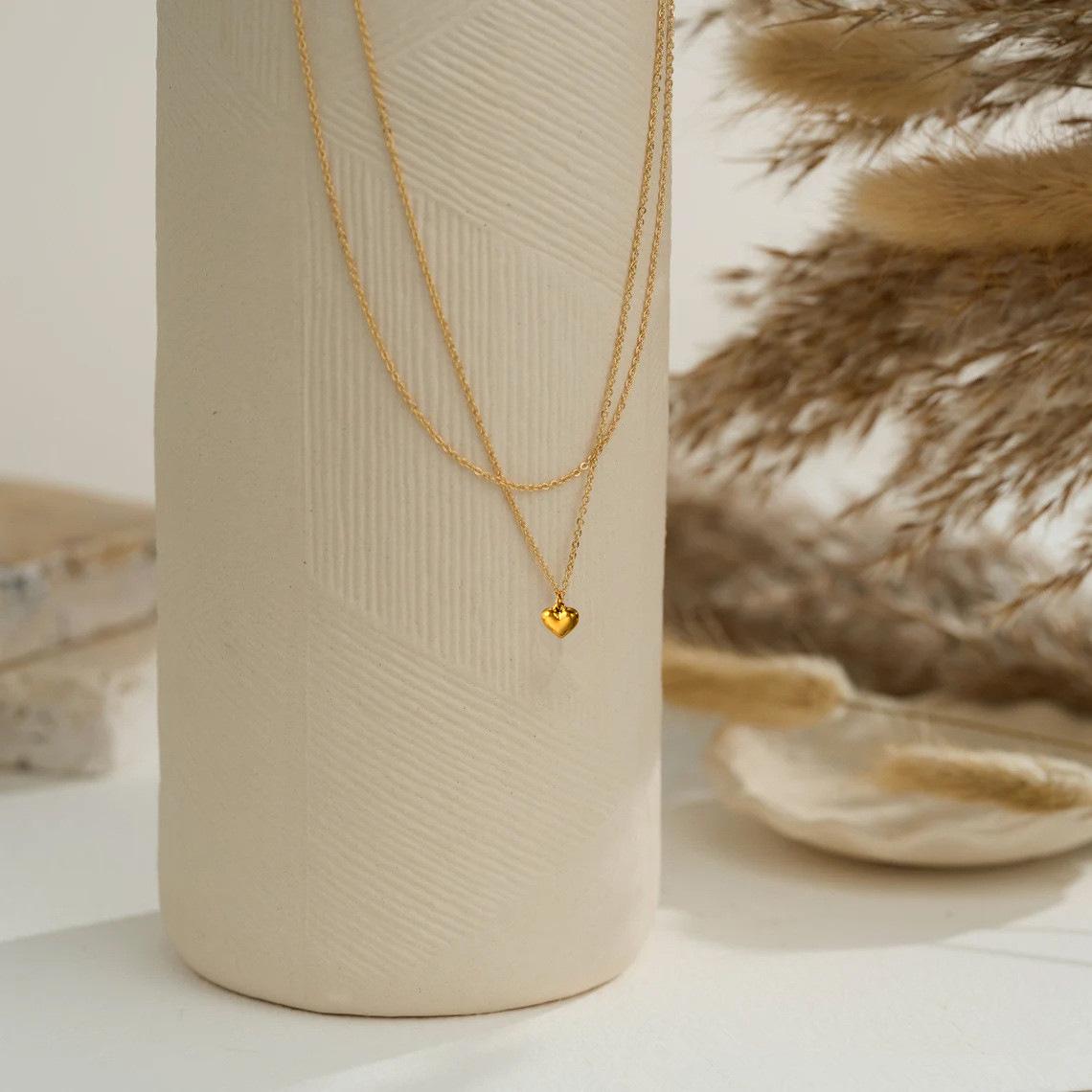 Gold Plated Double Layer Necklace with Mermaid Tail and Heart Charm for Women люблю