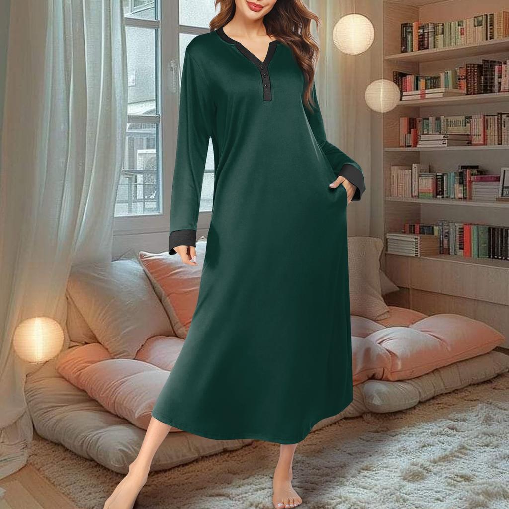 Women's Nightgown Long Housecoat V Neck Pajama Dress With Pockets