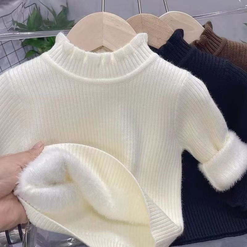 Baby Autumn Winter Thickened Fleece Knit Sweater Half Turtleneck Ruffle Collar Warm Base Layer Top
