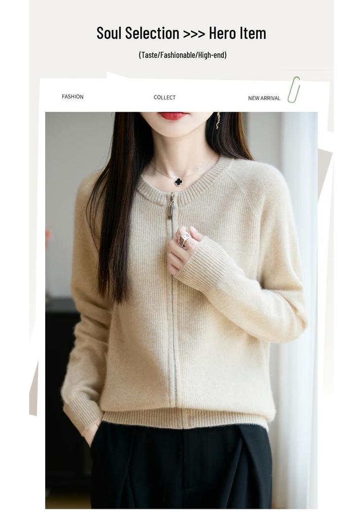 2026 Autumn/Winter Korean Style Solid Knit Zipper Cardigan - Soft, Skin-Friendly, Trendy Round Neck Sweater.