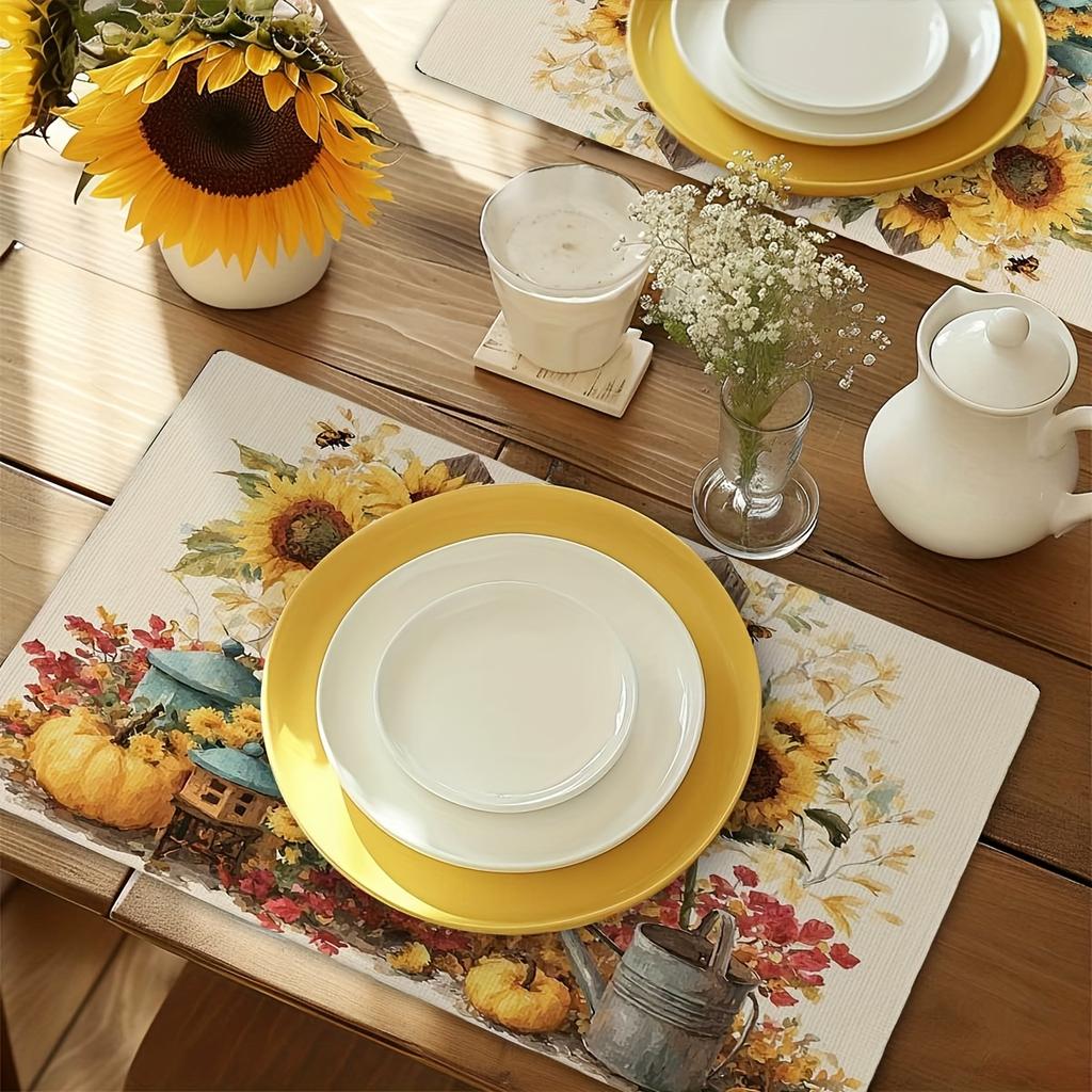 Rectangular Placemats for Kitchen and Dini 4pcs Set of Sunflower "Hello Fall" Printed Placemats - Natural Atmosphere Table Mats