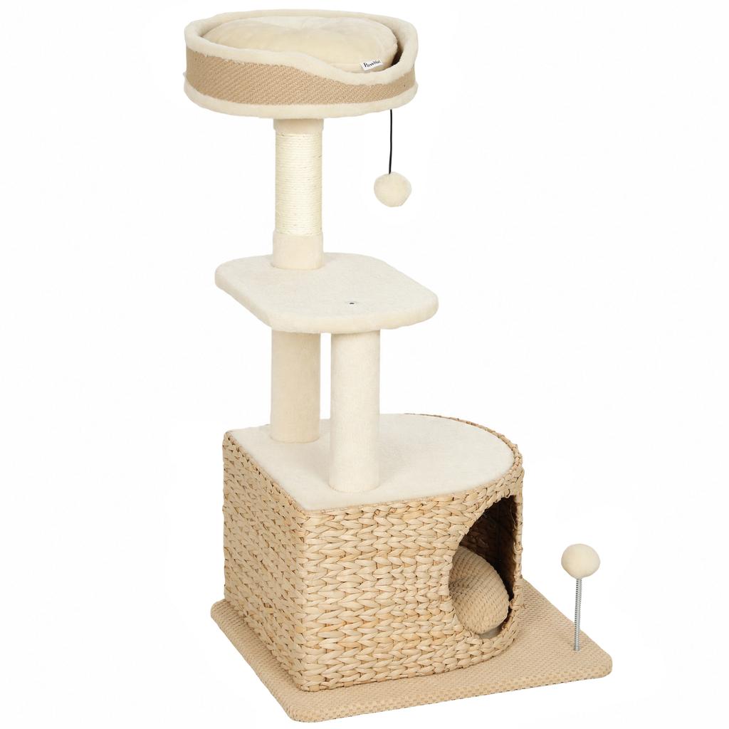 Cat Tree Modern Design Woven Style with Scratching Post 4 Levels Cattail Nest Perch In Jute 87 Cm Beige