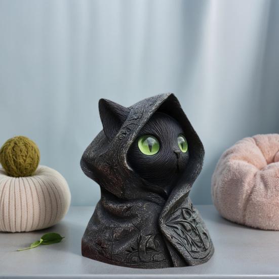 Hooded Cat Statue Resin Mysterious Black Cat Figurine Gothic Tabletop Mini Cat Sculpture Halloween Decoration Gift for Cat Lovers