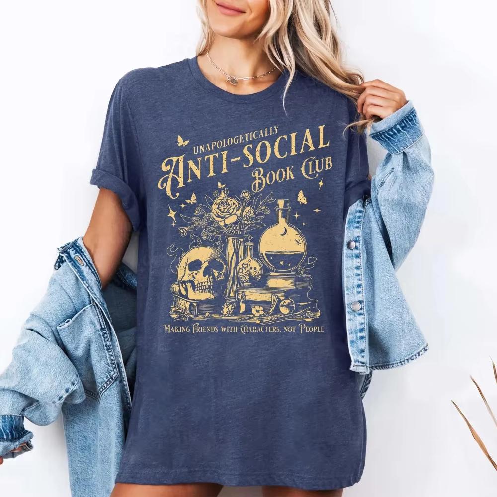 AntiSocial Book Club TShirt Introverted Reader Vintage Style Graphic Tee Unisexs Womens Short Sleeve TShirt Half Sleeve Top