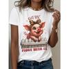 European Sizes Women's Funny Pig Graphic T-Shirt Saying & Cute Pig Design Comfortable All-Season Shirt,with Piglet & Leopard Print Hair Band