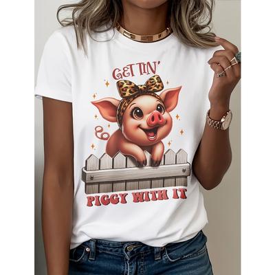 Taglie Europee T-shirt Divertente da Donna con Grafica di Maialino e Frase & Design Carino di Maialino Camicia Comoda per Tutte le Stagioni, con Maialino e Fascia per Capelli con Stampa Leopardo