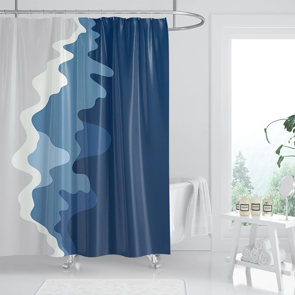 Modern Abstract Wave Shower Curtain, Blue & White Color Block, Polyester, Machine Washable, Contemporary Bathroom Decor