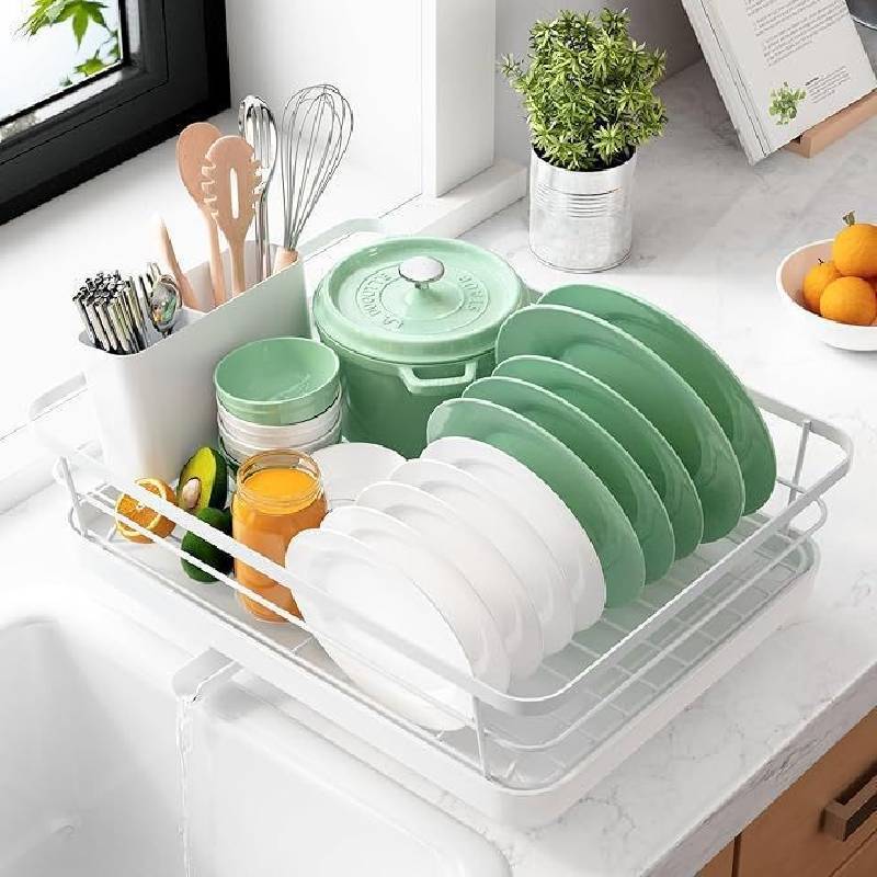Modern Minimalist Water Drainage Dish Rack With Divided Storage For Kitchen Countertop Use