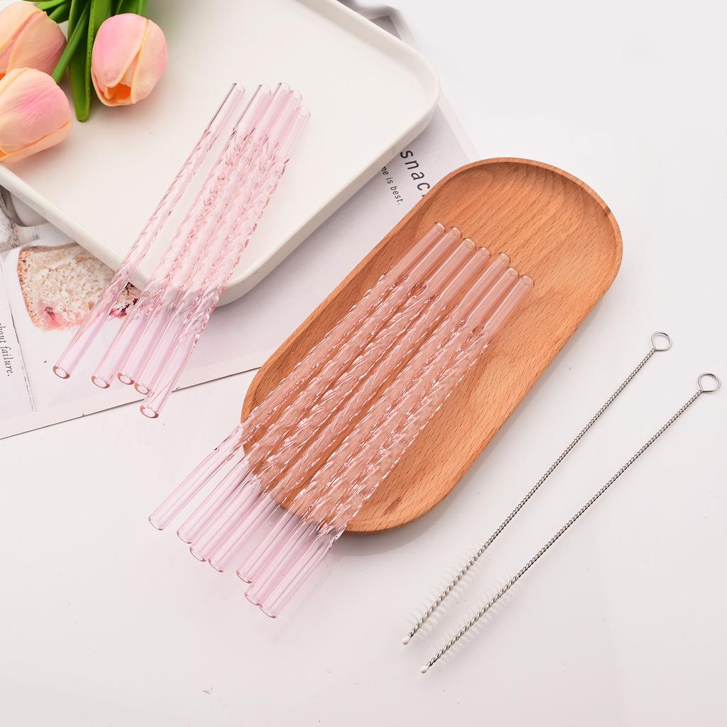 15 PCS Reusable Glass Straws, 8 Inch X 0.3" Thread Pattern Design Colored Drinking Straws, Include 12 Straight Straws, 2 Cleaning Brushes, 1 Bag