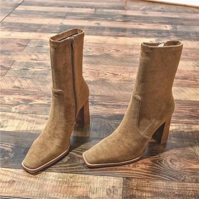 Mode 2024 Nieuwe Herfst- en Winter Leren Suède Halflange Laarzen Dames Hoge Hak Rits Veelzijdig Kaki Elegant Dames Korte Laarzen