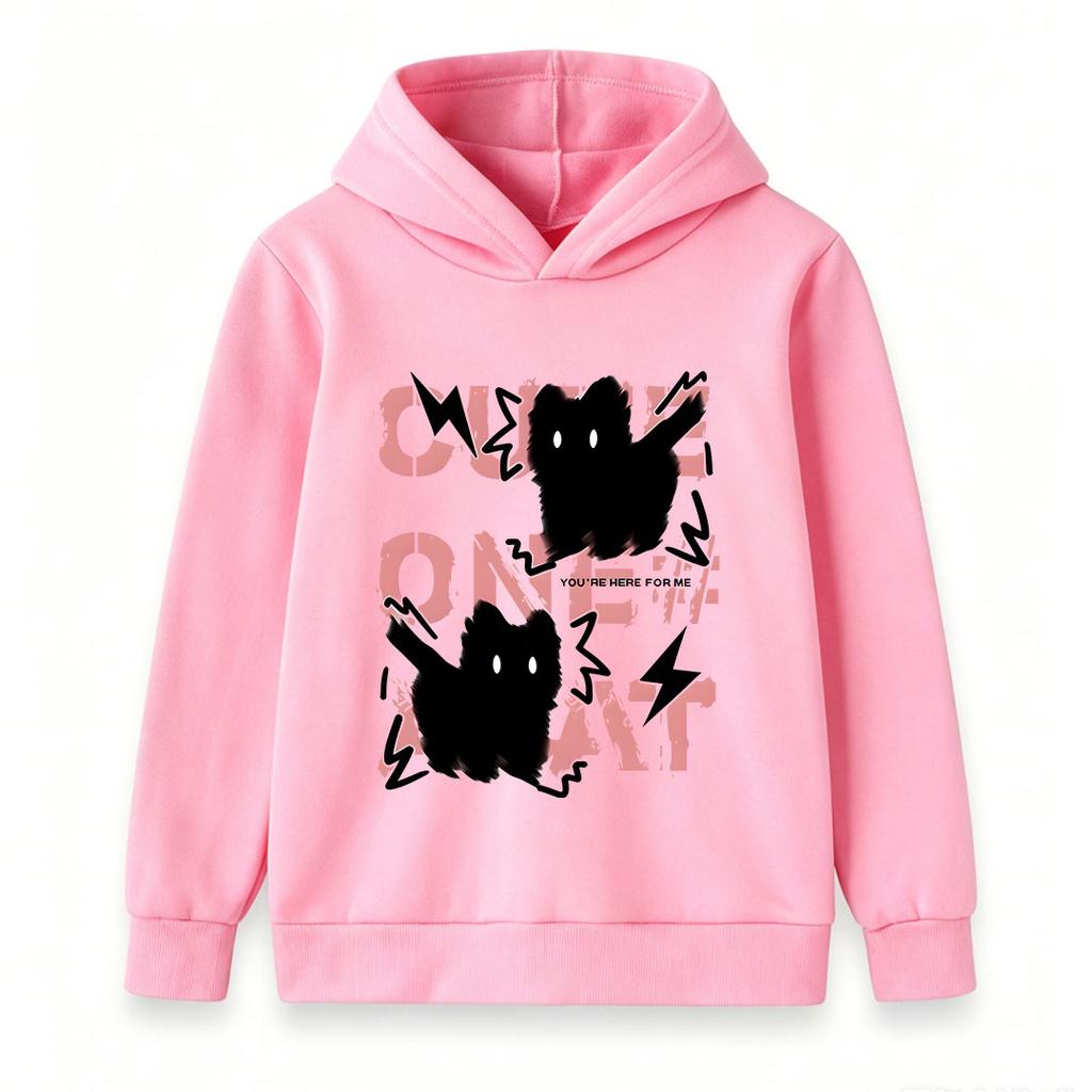 Kids Boys Girls Hoodie Sweatshirt, Cute Fluffy Black Cat Print Pullover, Casual Long Sleeve Loose Fit Hooded Tops for Daily Street Wear