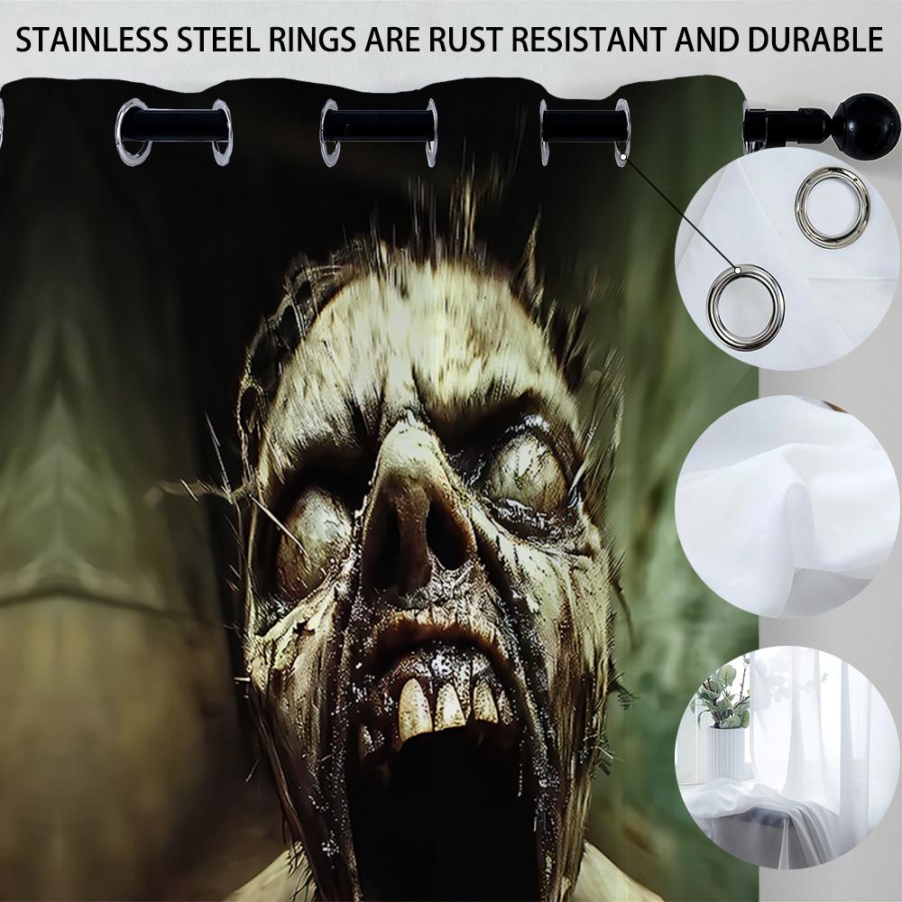 2Pcs Perforated Blackout Curtain Light Block Privacy Drape Living Bedroom Halloween Double Zombie Head Horror Window Decor