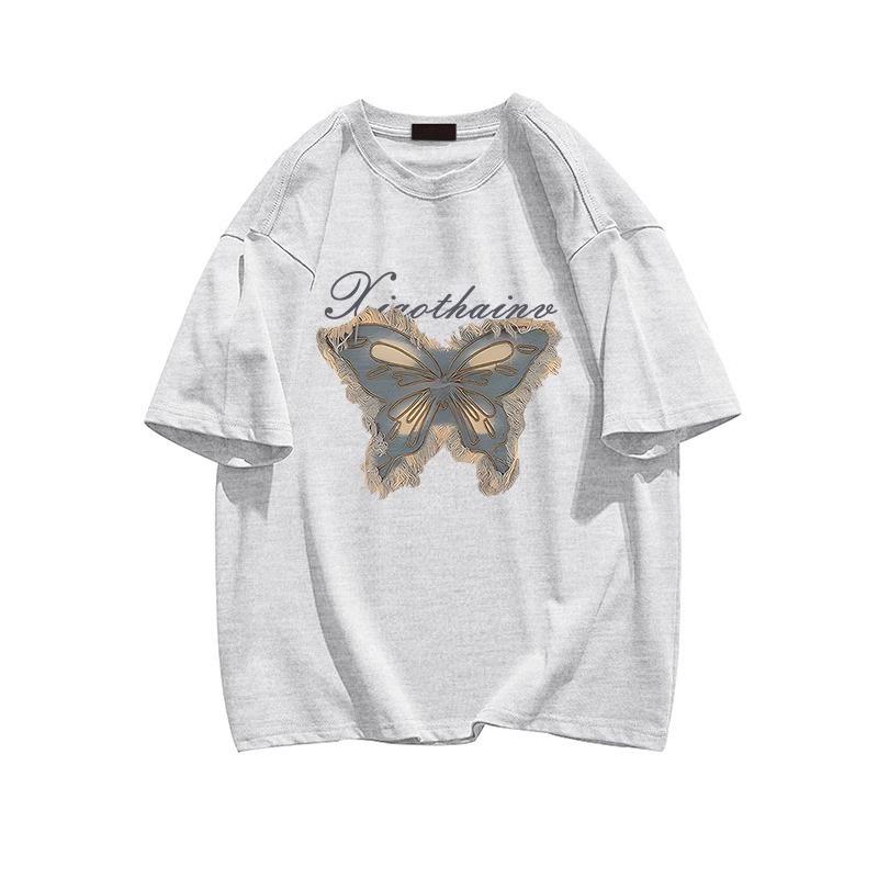 grey cotton short-sleeved t-shirt women's summer new small butterfly print ins design sense niche loose top