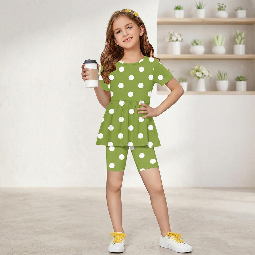 Sommer-Outfit-Set für Mädchen Polka-Dot-Print Kurzarm-Oberteil mit Rüschensaum und Shorts