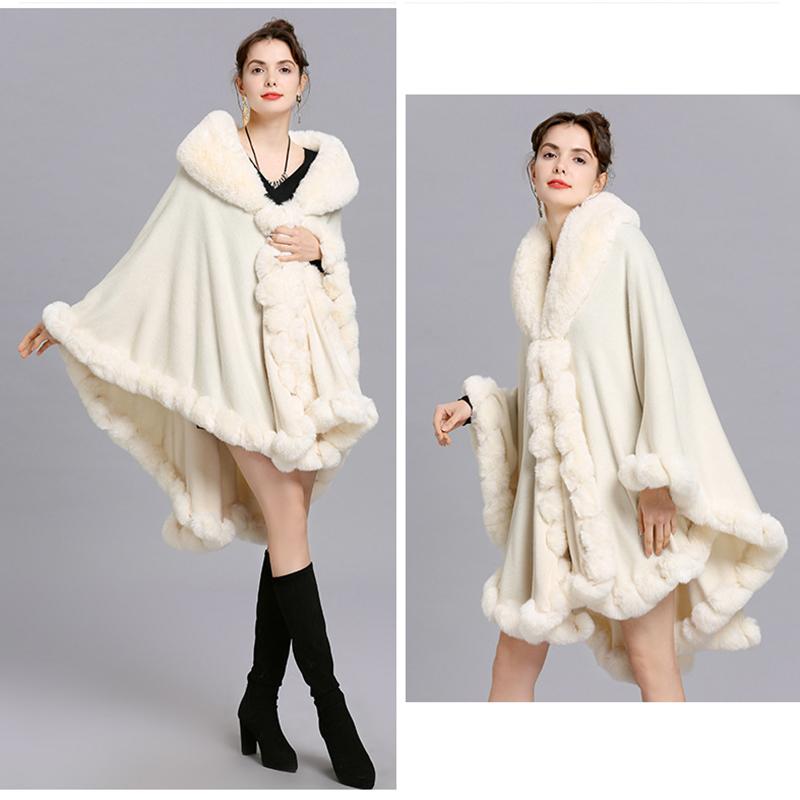 Elegantní V klopa Rex Králičí kožich Pelerína Zimní Dámské Velký Dlouhý šátek Plný střih Umělá kožešina Kašmírový Plášť Kabát Parka