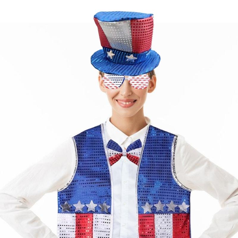 6Pieces 4th of July Patriotic Costume Set with Vest Hat Beard Sunglasses and Necklace for Holiday Celebration Gathering