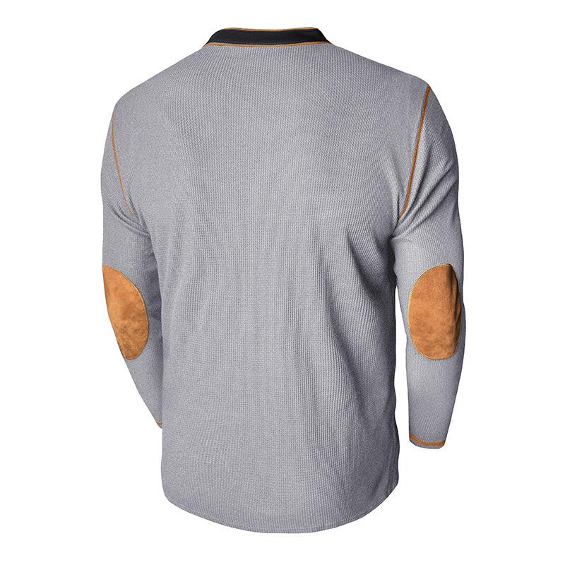 American Retro Men's Long-Sleeved Henry Collar T-Shirt Foreign Autumn and Winter Patchwork Waffle Tshirt Casual Tops