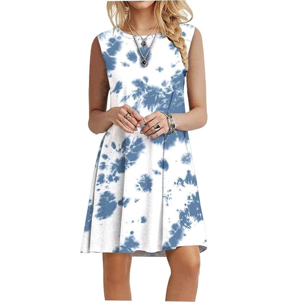 Fashion Womens Loose Sexy Summer Sleeveless Printed Round Neck  Dress