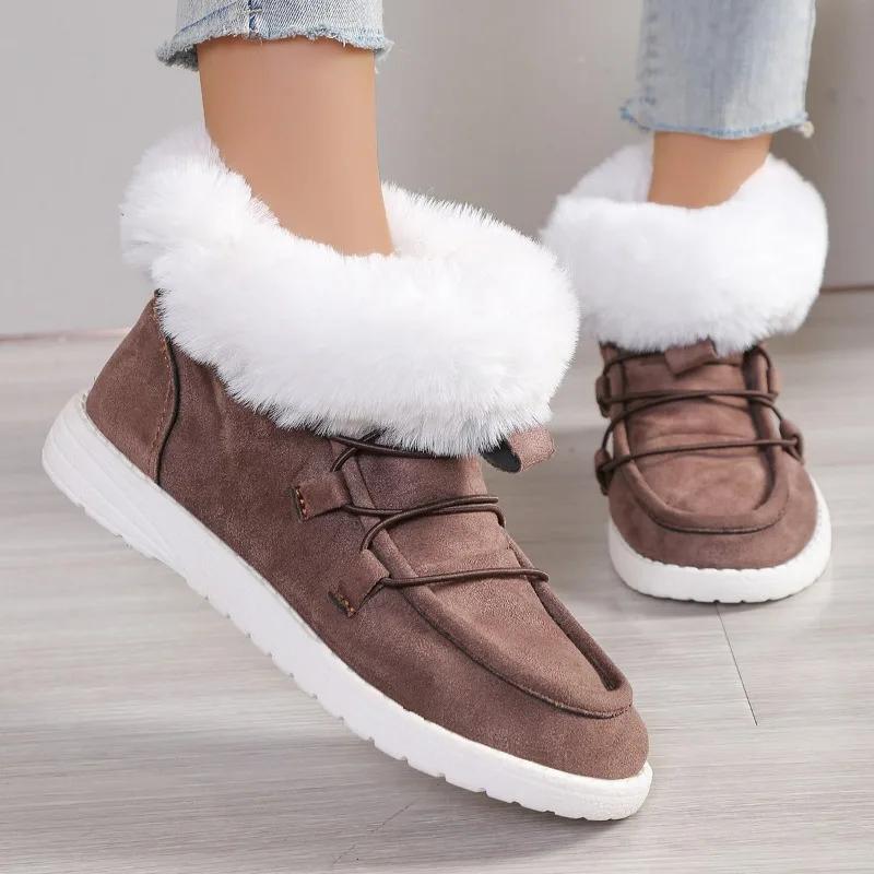 Winter New Flat Boots Women's Fashion Round Head Front Lace-up Suede Short Hair Comfortable Short Boots