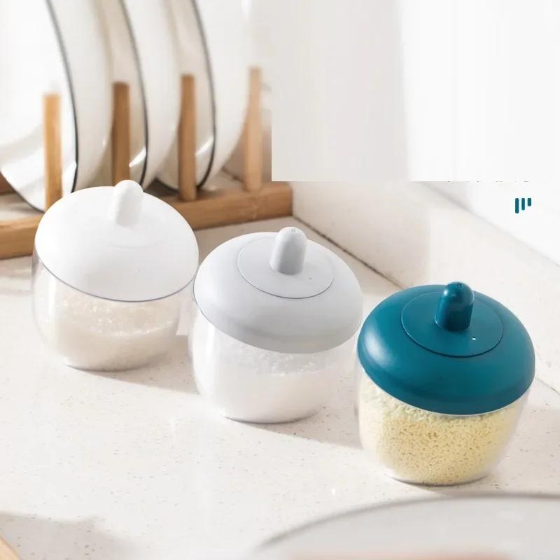 Circular Japanese Kitchen Spice Jar Seasoning Containers with Spoon, Transparent, Creative, Moisture - Proof, Dust