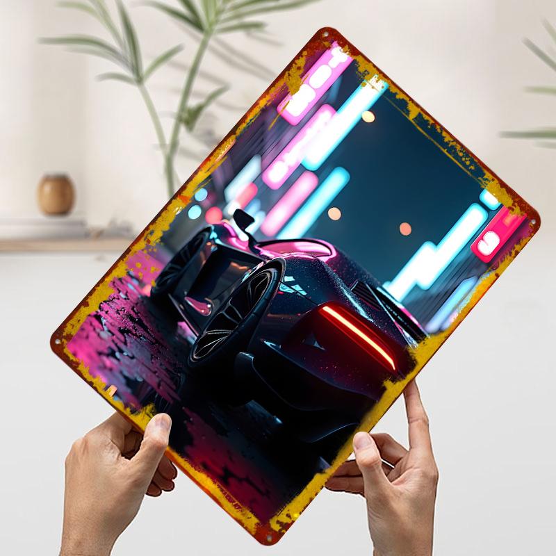 Cyberpunk Car in Neon Cityscape Metal Poster Customized Wall Art Retro Vintage Tinplate Signs for Man Cave Office Decor Room Men