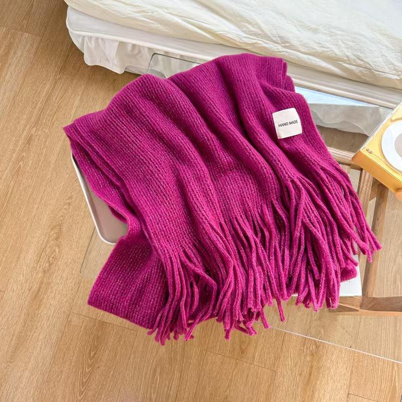 Women Girls Elegant Scarf Winter Thicken Warm Solid Color Knitted Long Tassel Scarves Soft Cotton Thickened Shawl Wraps Women