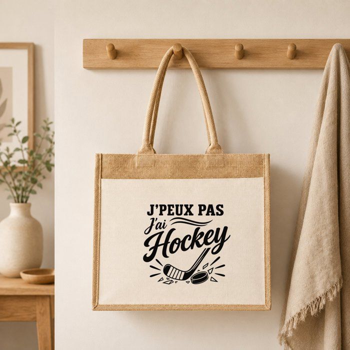 Sac cabas - PLANETEE - J’peux pas j’ai Hockey (minimaliste) - Toile de jute et coton - 21 L - Illustration au trait