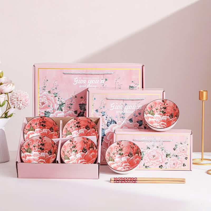 Ruhan Red Peony Ceramic Bowl and Chopstick Gift Set