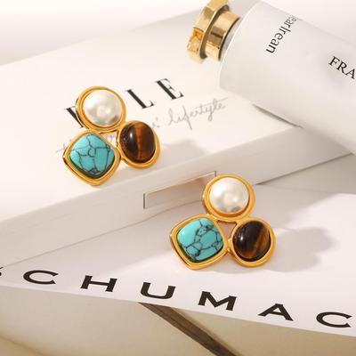 18k Gold Plated Natural Stone Stainless Steel Stud Earrings: European/American Style, High-End Niche Personality for Women