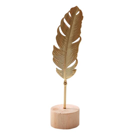 jijijing Metal Leaf Ornaments, Gold Palm Leaf, Ginkgo Feather Statue with Wood Base, Modern Desktop Sculpture for Living Room, Bookshelf, Office Desk