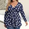 Women's Plus Size Shirt Long Sleeve  Print Top Pleated Casual V-Neck Top