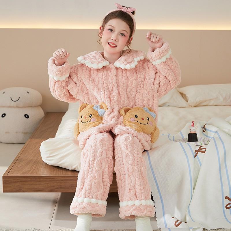 Girls Winter Warm Fleece Pajama Set Long Sleeve Cartoon Print Sleepwear Kids 8 Years