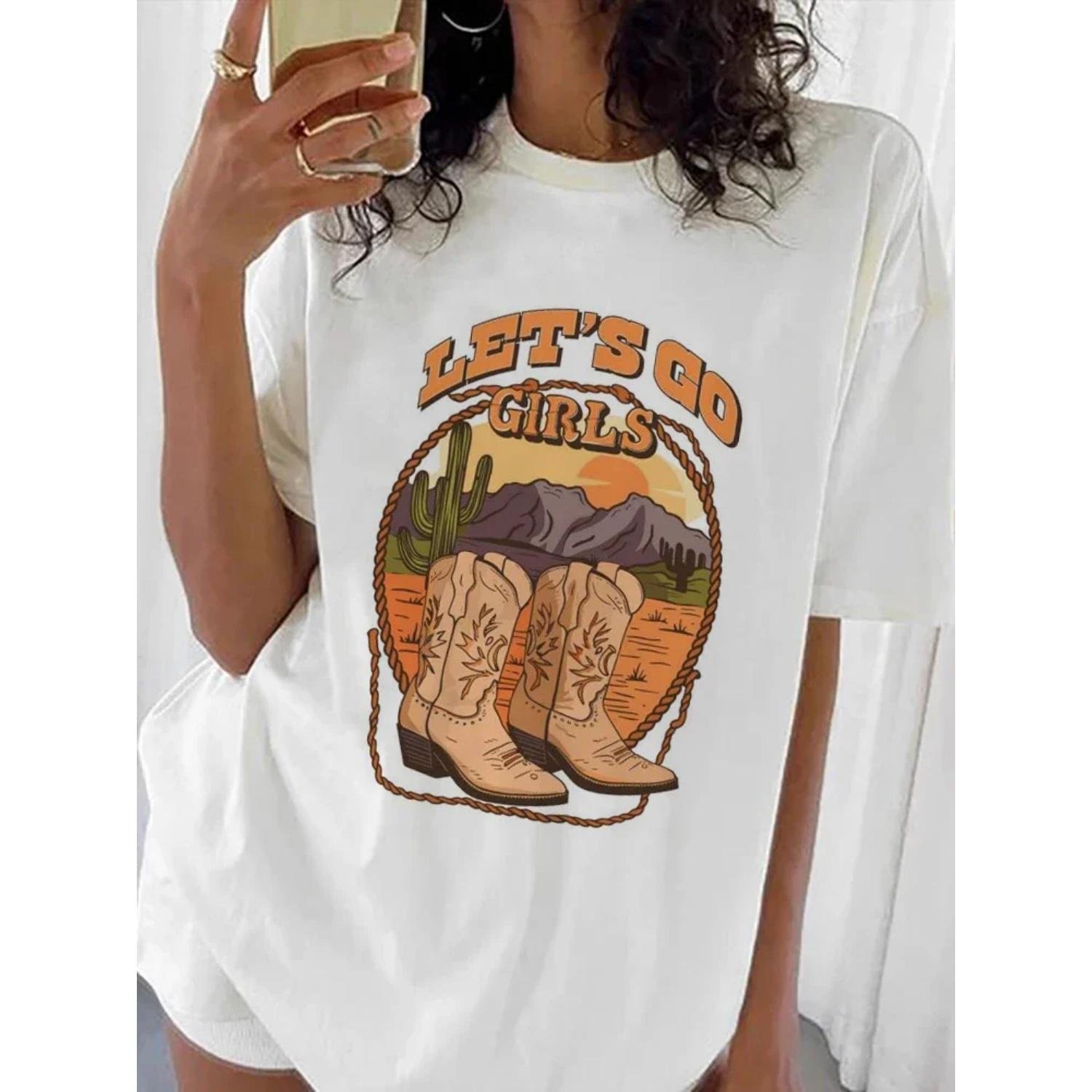 

Vintage Lets Go Girls Cowgirl Boots Pattern Printed Basic Retro Trendy T-Shirt Printed O-Neck Style Cartoon Summer Top T-Shirt XXXXXL